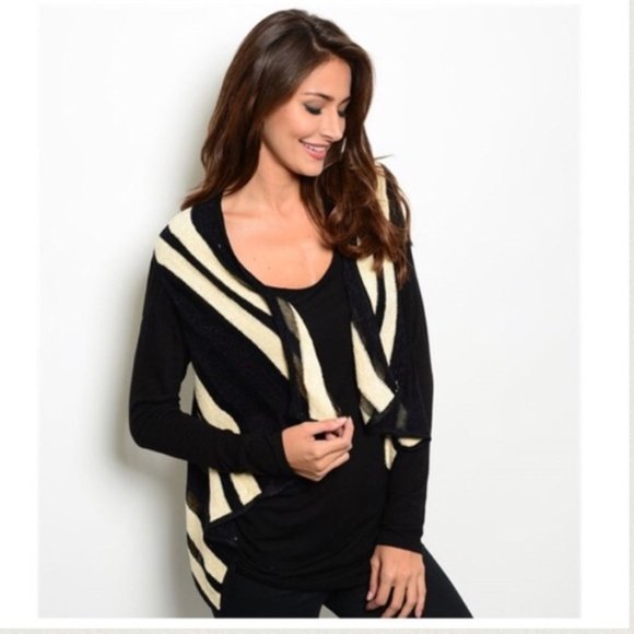 Love Tree Sweaters - Black and White Striped open front sweater vest